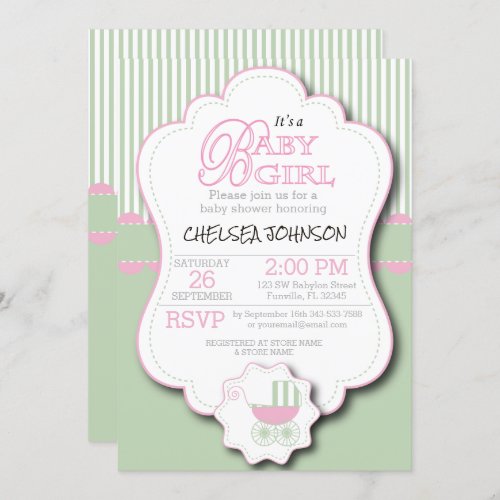 Pink  Mint Green Baby Buggy Shower Invitation