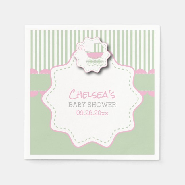 Pink & Mint Green Baby Buggy Shower Napkins (Front)