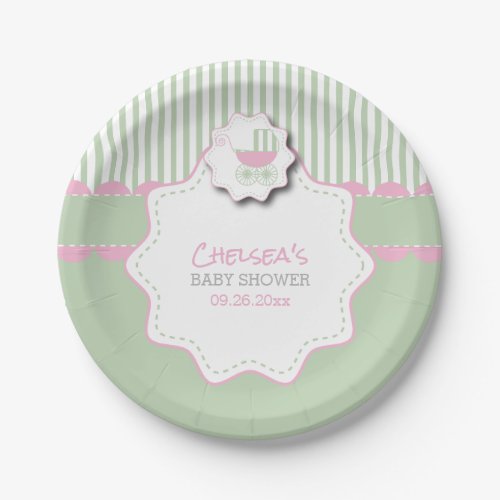 Pink  Mint Green Baby Buggy Shower Paper Plates