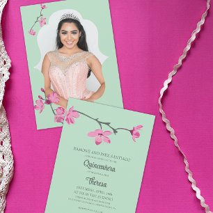 Pink, Mint Green Cherry Blossom Photo Quinceanera Invitation