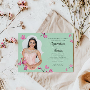 Pink, Mint Green Cherry Blossom Quinceanera Photo Invitation