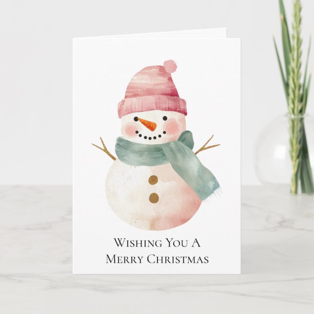 Pink Mint Green Christmas Snowman Card (Front)