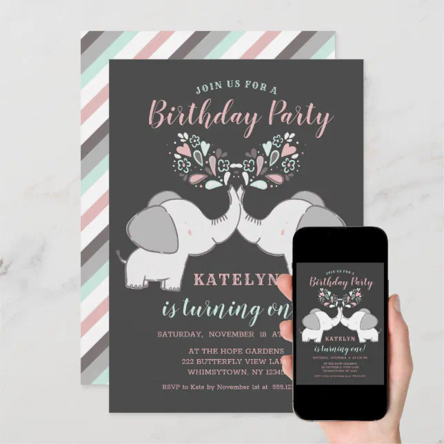 Pink & Mint Green Cute Elephants Birthday Party Invitation Zazzle