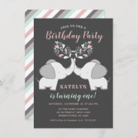 Pink & Mint Green Cute Elephants Birthday Party Invitation