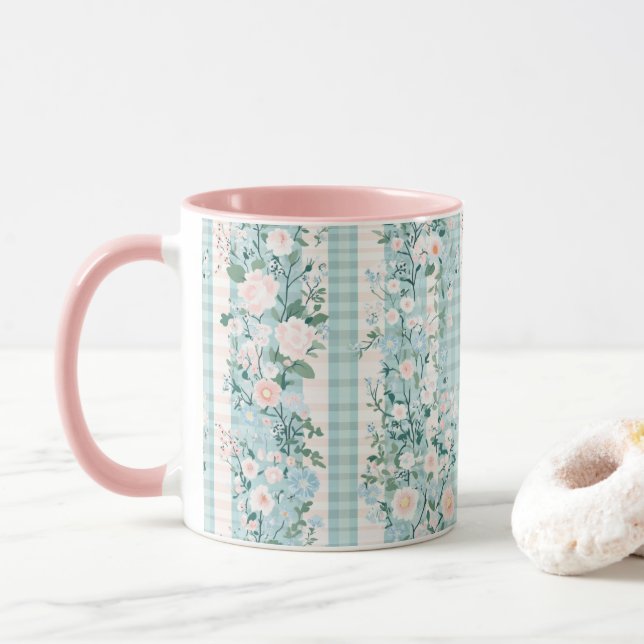Pink Mint Green Floral Gingham Grand Millennial Mug (With Donut)