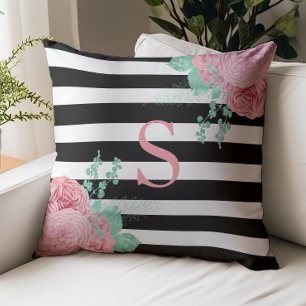 Pink Mint Green Floral Monogram Black Stripes Throw Pillow