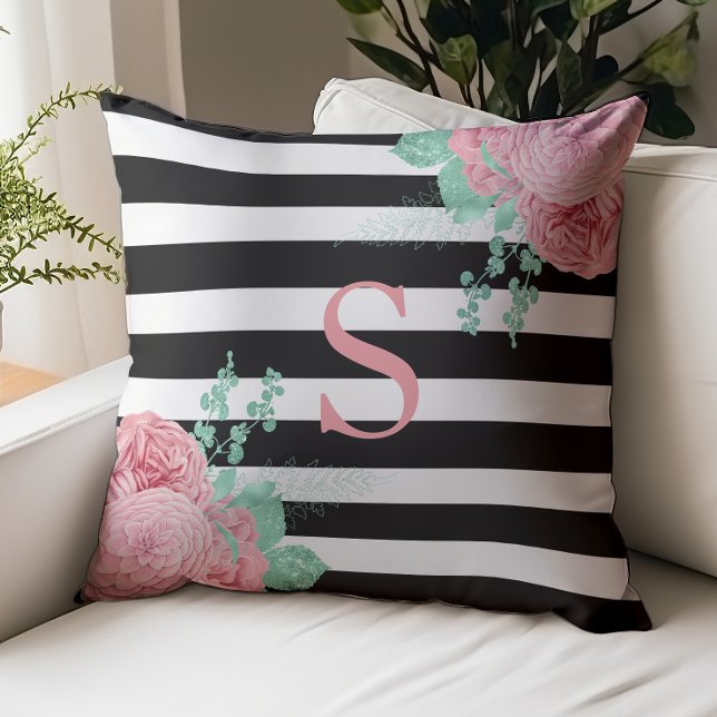 Pink Mint Green Floral Monogram Black Stripes Throw Pillow (Creator Uploaded)