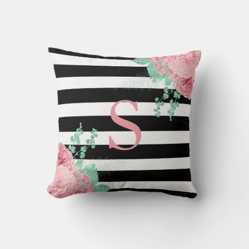 Pink Mint Green Floral Monogram Black Stripes Throw Pillow