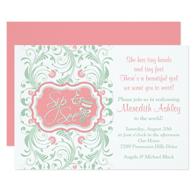 Pink Mint Green Floral Sip N See Baby Shower Invitation