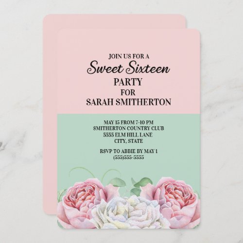 Pink Mint Green Floral Sweet Sixteen Birthday Invitation