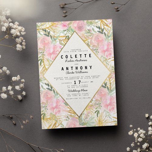 Pink mint green gold watercolor floral wedding invitation