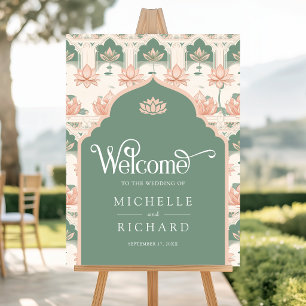 Pink Mint Green Lotus Indian Wedding Welcome Sign