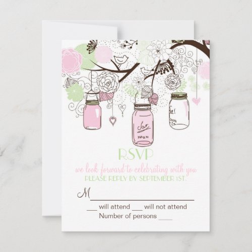 Pink Mint Green Mason Jars RSVP Wedding Invitation