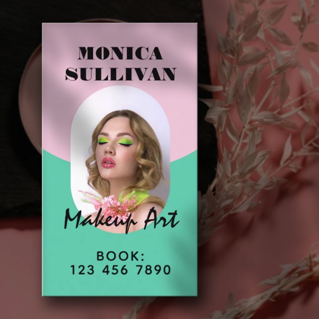 Pink mint green minimalist makeup business card (Creator Uploaded)