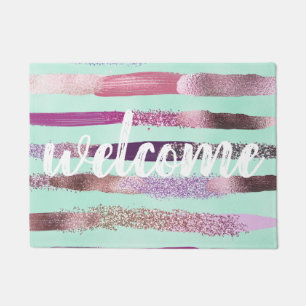 Pink Mint Green Nail Polish Glitter Brushstrokes Doormat