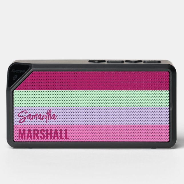Pink Mint Green Purple Stripes Pattern Name Bluetooth Speaker (Front)