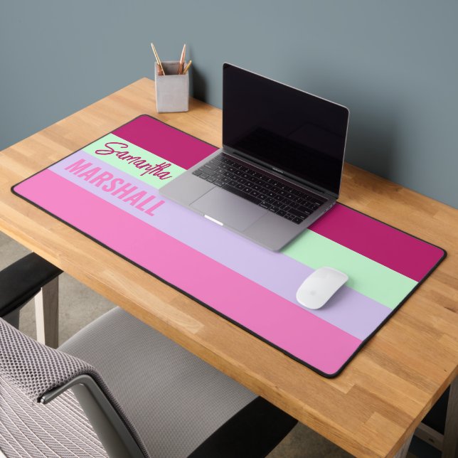 Pink Mint Green Purple Stripes Pattern Name Desk Mat (Office 2)