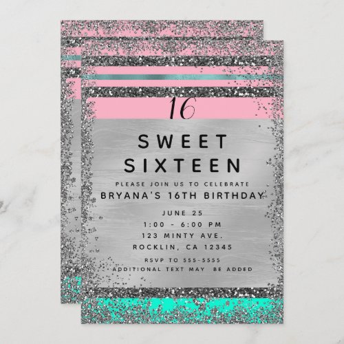 Pink Mint Green Silver Glitter Edge Sweet 16 Party Invitation