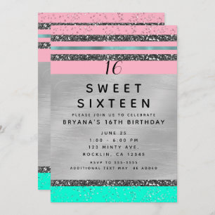 Pink Mint Green & Silver Glitter Sweet 16 Party Invitation
