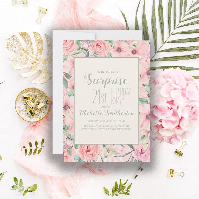 Pink Mint Green Watercolor Floral 21st Birthday (Soft blush pink floral 21st birthday party invitation)