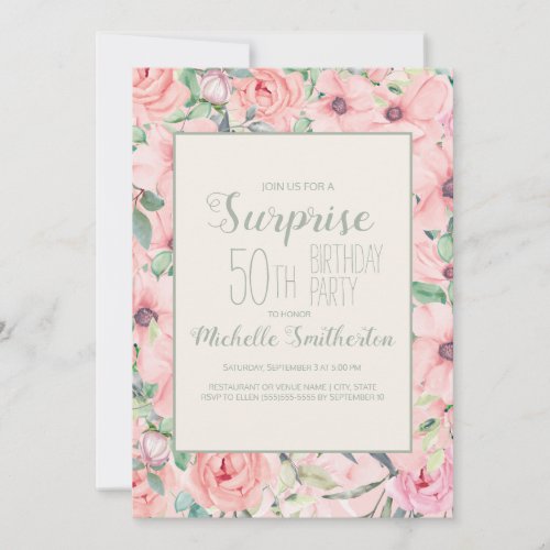 Pink Mint Green Watercolor Floral 50th Birthday