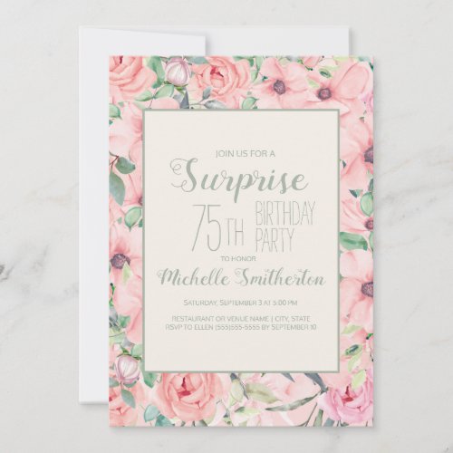 Pink Mint Green Watercolor Floral 75th Birthday