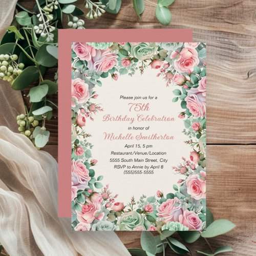 Pink Mint Green Watercolor Floral 75th Birthday Invitation