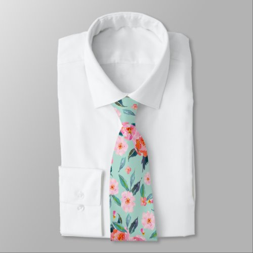 Pink Mint Green Watercolor Rose Pattern Wedding Neck Tie