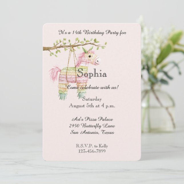Pink Mint Horse Piñata Birthday Invitation (Standing Front)