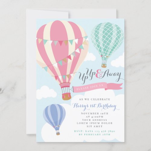 Pink  Mint Hot Air Balloon Birthday Invitation