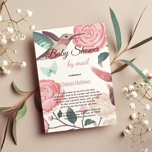 Pink mint hummingbird floral Baby Shower by Mail  Invitation