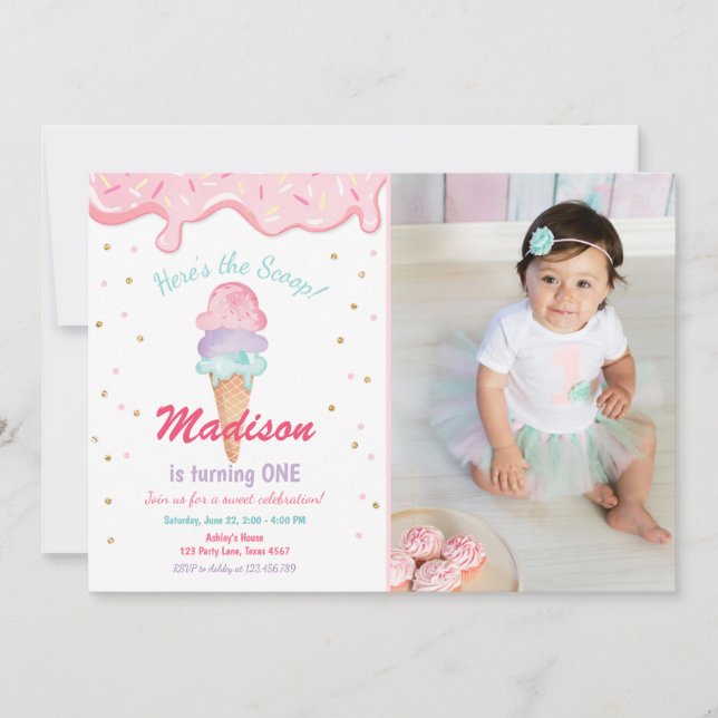 Pink Mint Ice Cream Cone Confetti Birthday Invite (Front)