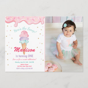 Pink Mint Ice Cream Cone Confetti Birthday Invite