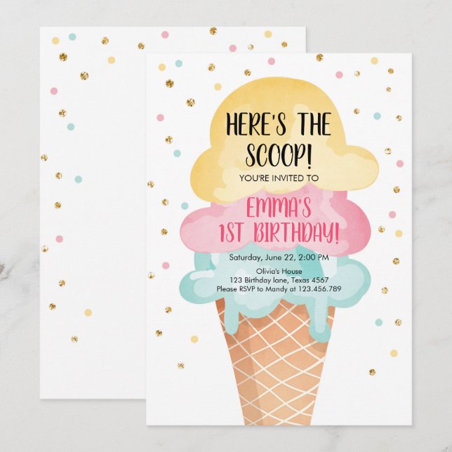 Pink Mint Ice Cream Cone Confetti Birthday Invite (Front/Back)