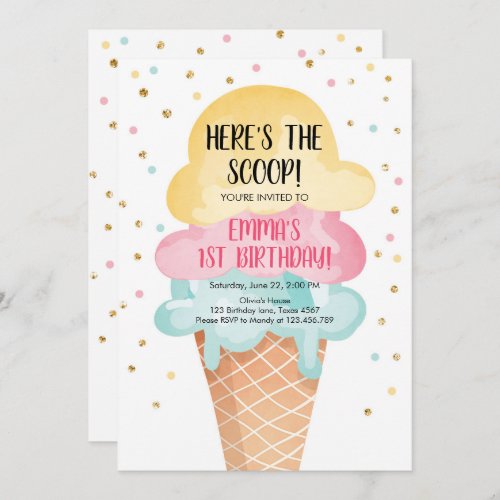 Pink Mint Ice Cream Cone Confetti Birthday Invite