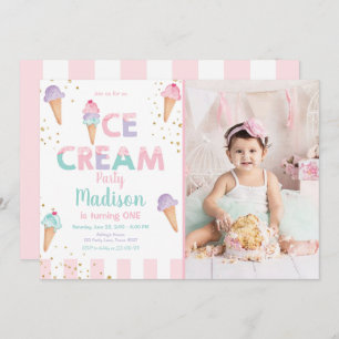 Pink Mint Ice Cream Cone Confetti Birthday Invite