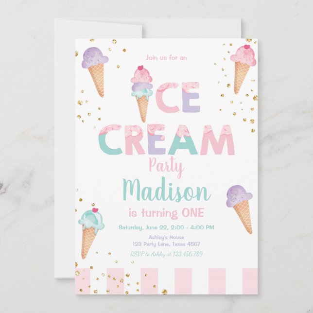 Pink Mint Ice Cream Cone Confetti Birthday Invite (Front)