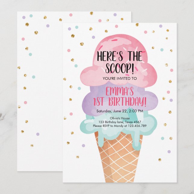 Pink Mint Ice Cream Cone Confetti Birthday Invite (Front/Back)