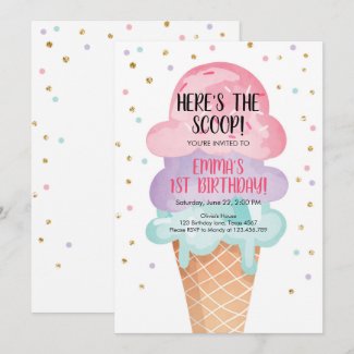 Pink Mint Ice Cream Cone Confetti Birthday Invite