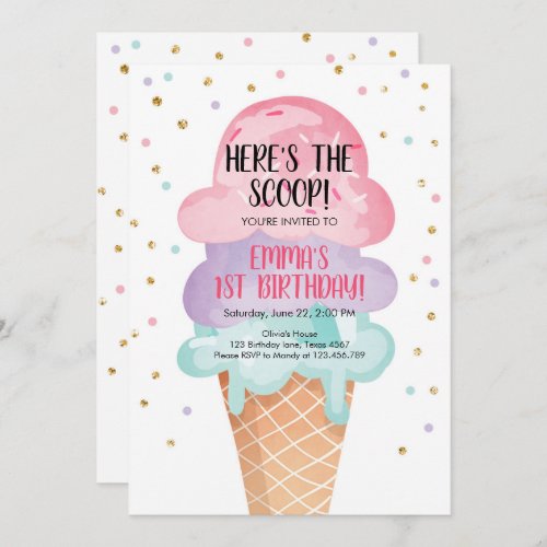 Pink Mint Ice Cream Cone Confetti Birthday Invite