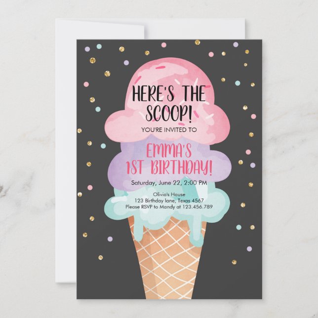 Pink Mint Ice Cream Cone Confetti Birthday Invite (Front)