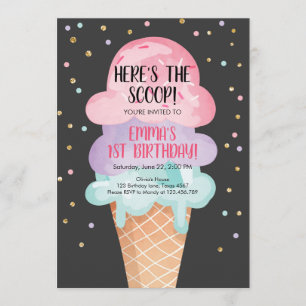 Pink Mint Ice Cream Cone Confetti Birthday Invite