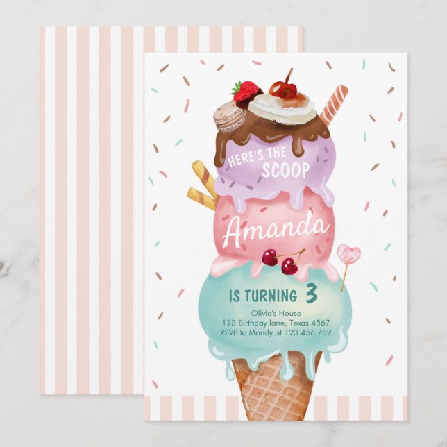 Pink Mint Ice Cream Cone Scoop Birthday Invite (Front/Back)