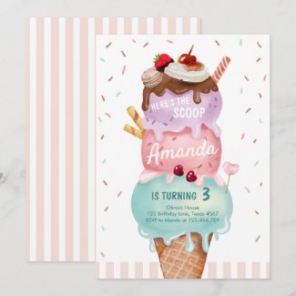 Pink Mint Ice Cream Cone Scoop Birthday Invite