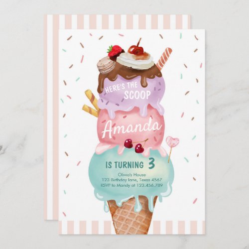 Pink Mint Ice Cream Cone Scoop Birthday Invite