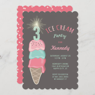 Pink Mint Ice Cream Girl 3rd Birthday Party Invite
