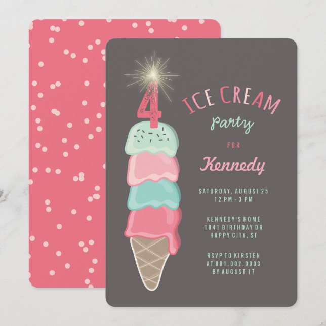Pink Mint Ice Cream Girl 4th Birthday Party Invite (Front/Back)