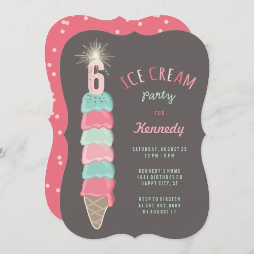 Pink Mint Ice Cream Girl 6th Birthday Party Invite