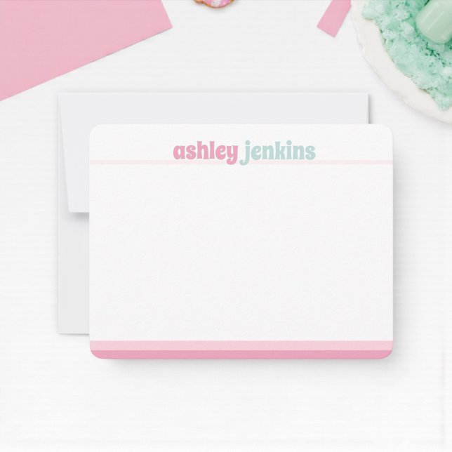 Pink & Mint Modern Name Note Card, Minimalist (Modern pink and mint personalized stationery)