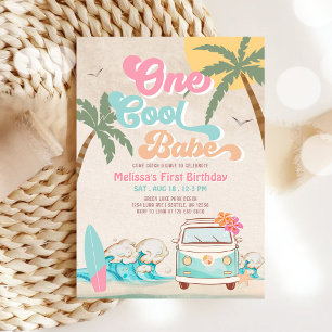 Pink Mint One Cool Babe Surfing 1st Birthday Invitation